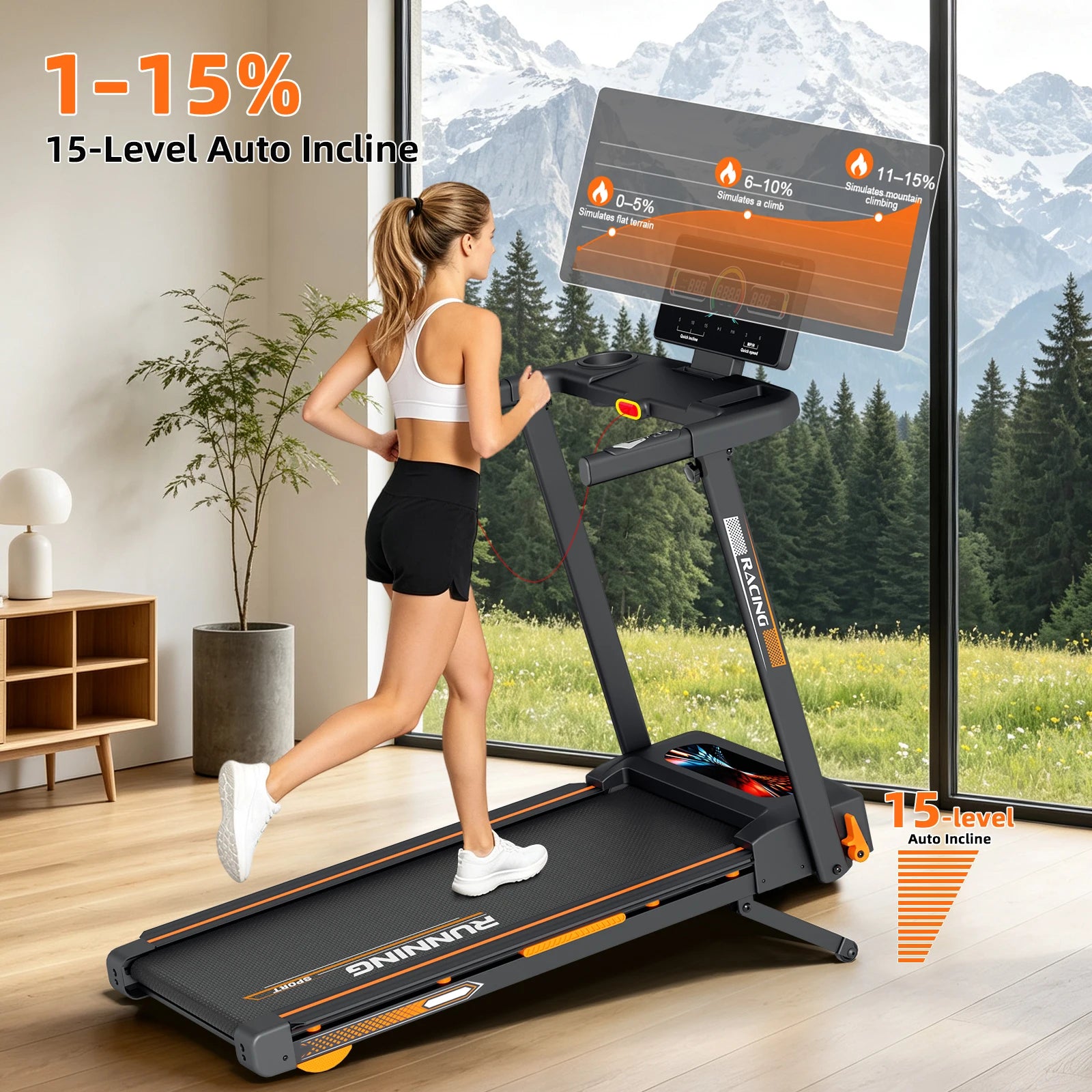 Home Foldable Treadmill with 15% Incline, Quick Fold Frame, Wide Running Belt, Brushless Motor, 12 HIIT Modes, 330 LBS Capacity, Bluetooth App & Heart Rate Monitor
