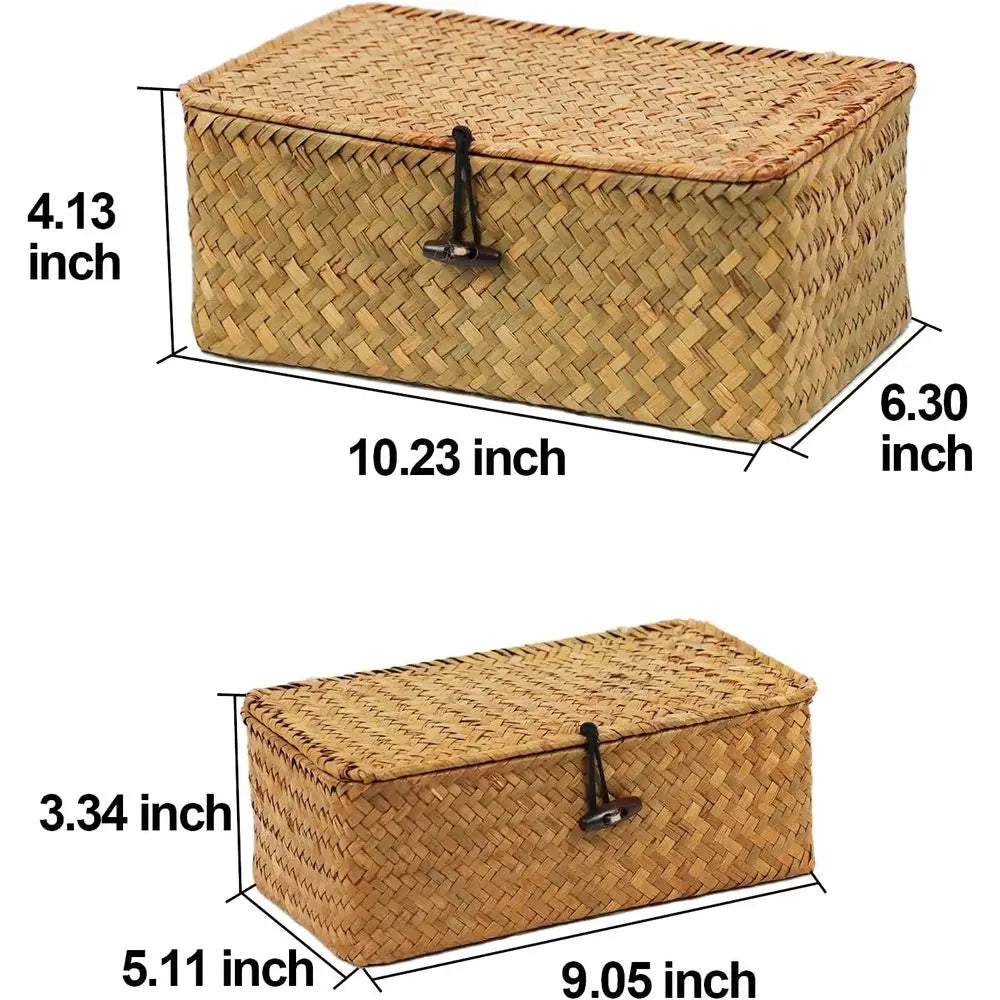Set of 2 Wicker Baskets with Lid, Seagrass Storage Baskets, Decorative and Organizing Home