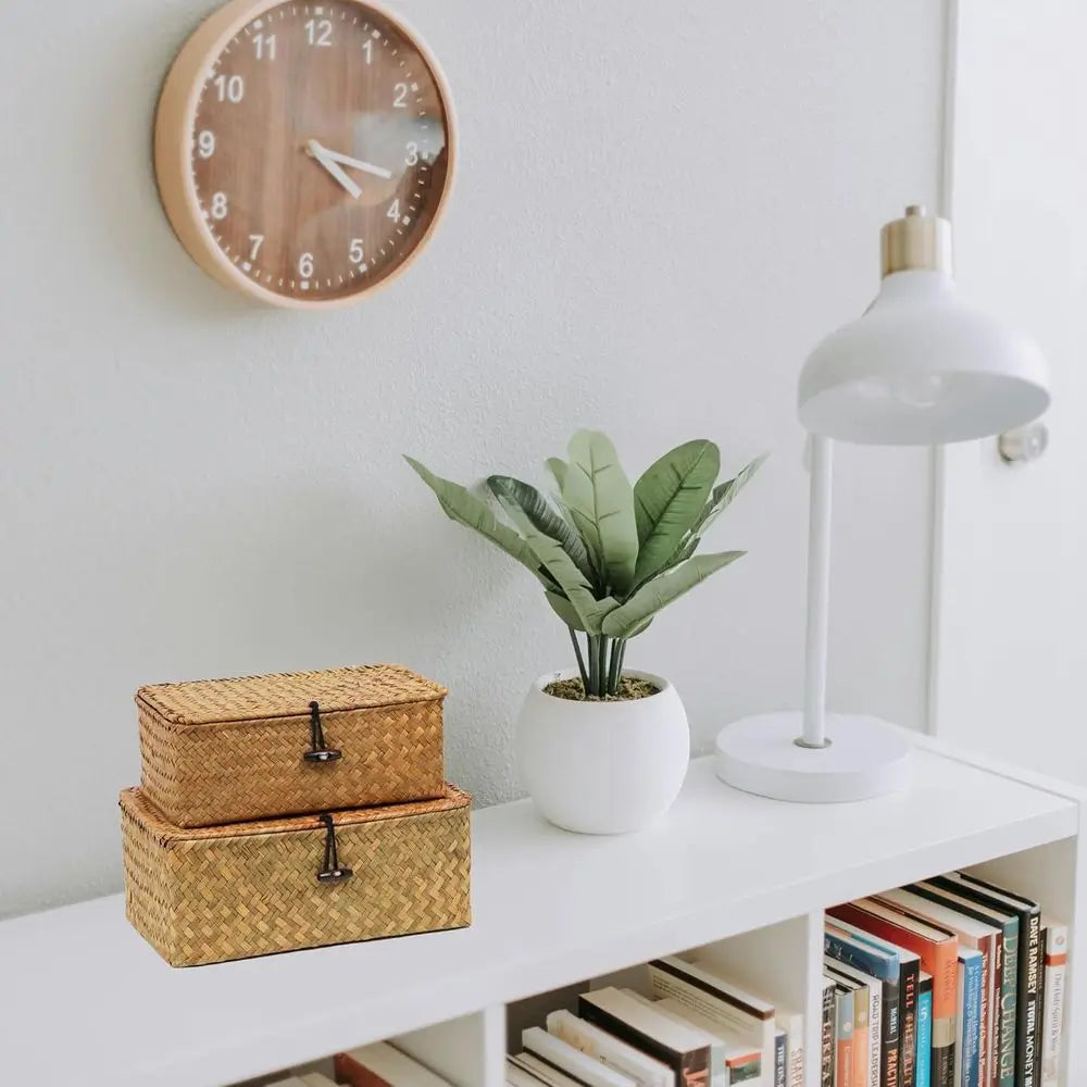 Set of 2 Wicker Baskets with Lid, Seagrass Storage Baskets, Decorative and Organizing Home