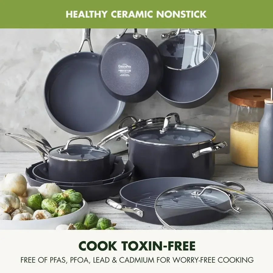 Valencia Pro Ceramic Nonstick 16 Piece Cookware Set, Hard Anodized PFASFree Pots amp Pans, Induction Ready, Compatible on All C