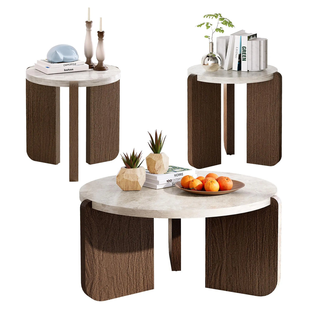 Coffee Table and End Table Sets, Round Marble Modern 3-Piece Living Room Table Set for Office, Living Room, Apartment