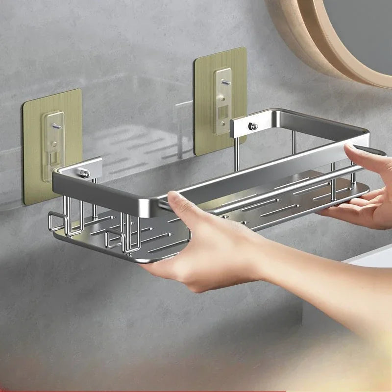 Bathroom Shelf & Kitchen Storage Organizer – Aluminum Alloy Shampoo Rack, Shower Shelf, No Drill Toilet & Bath Accessories.