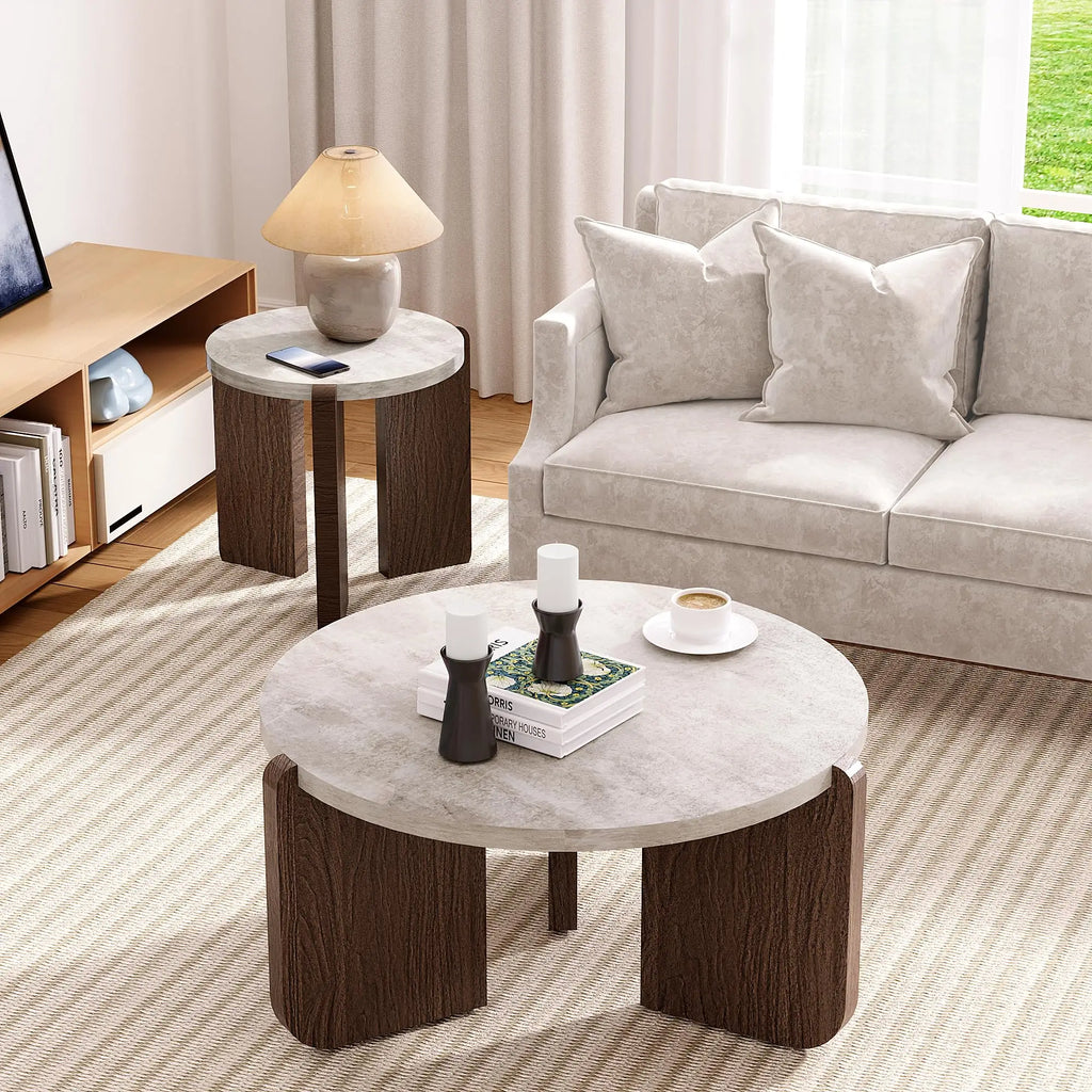 Coffee Table and End Table Sets, Round Marble Modern 3-Piece Living Room Table Set for Office, Living Room, Apartment