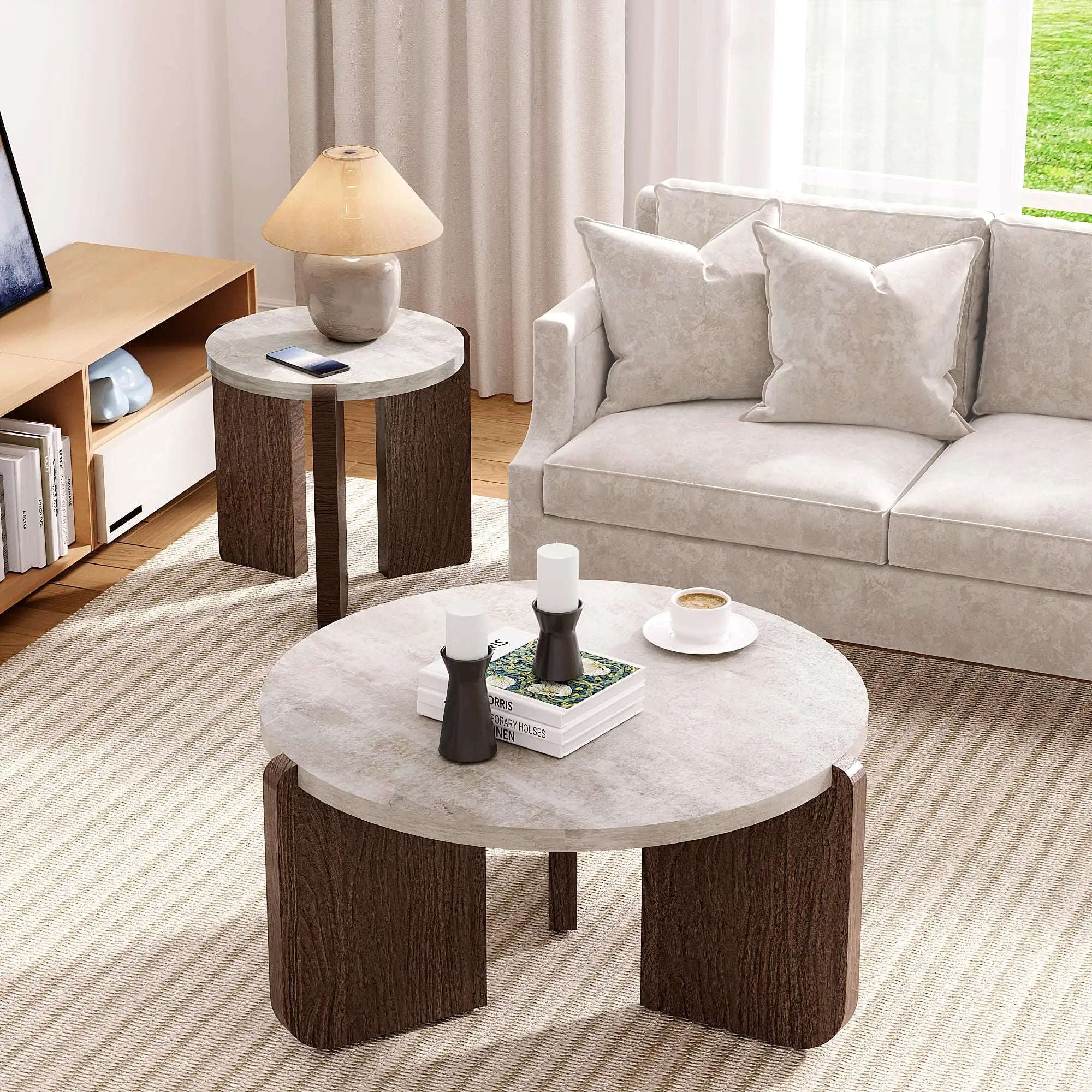 Coffee Table and End Table Sets, Round Marble Modern 3-Piece Living Room Table Set for Office, Living Room, Apartment