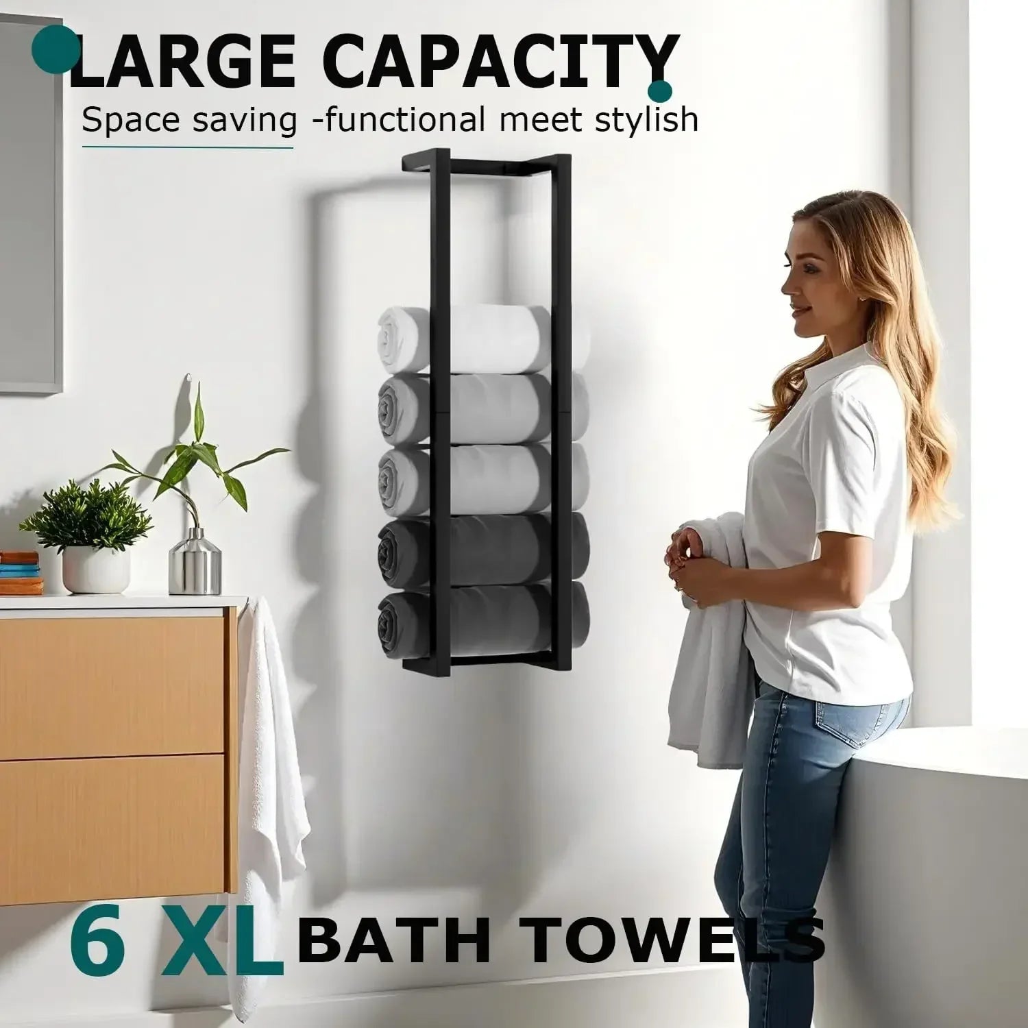 Bathroom towel rack 304 stainless steel towel storage rack, used to roll bath towels, can accommodate 6-8 large towels, wall-mounted 30-inch towel storage rack, used for small space black towel rack