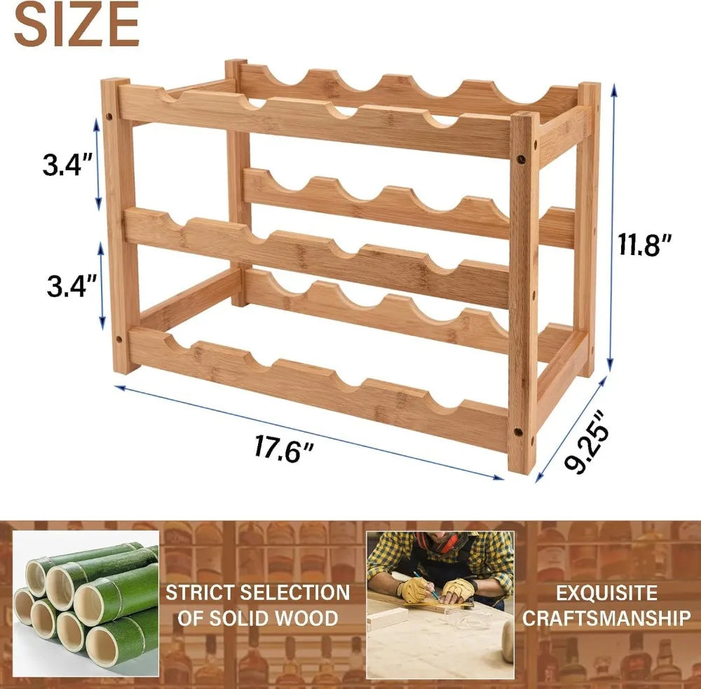 3-Tier Bamboo Wine Rack Holds 12 Bottles, Sturdy Countertop Storage for Kitchen Bar Dining Room, Easy Assembly