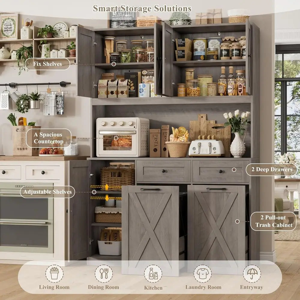71" Kitchen Pantry with 12.5 Gallon Double Trash Can Cabinet, Grey | armhouse Garbage Can Cabinet with Pull Out Trash Can Storag
