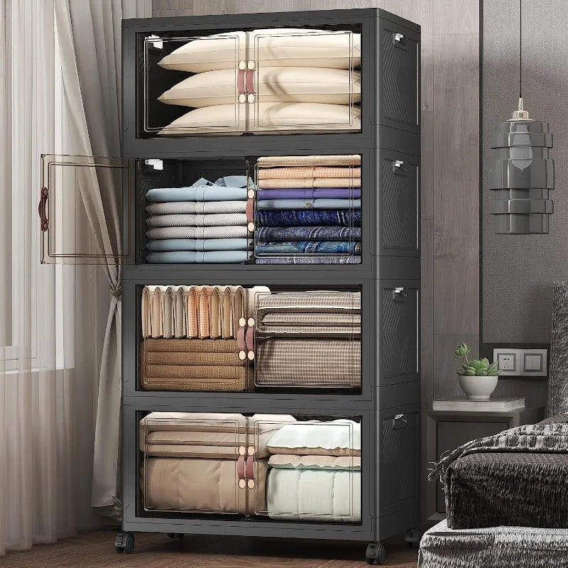 Stackable Storage Bins with Lids,480QT Closet Organizers and Storage Cabinet with Doors&Wheels,Lockable Plastic Foldable