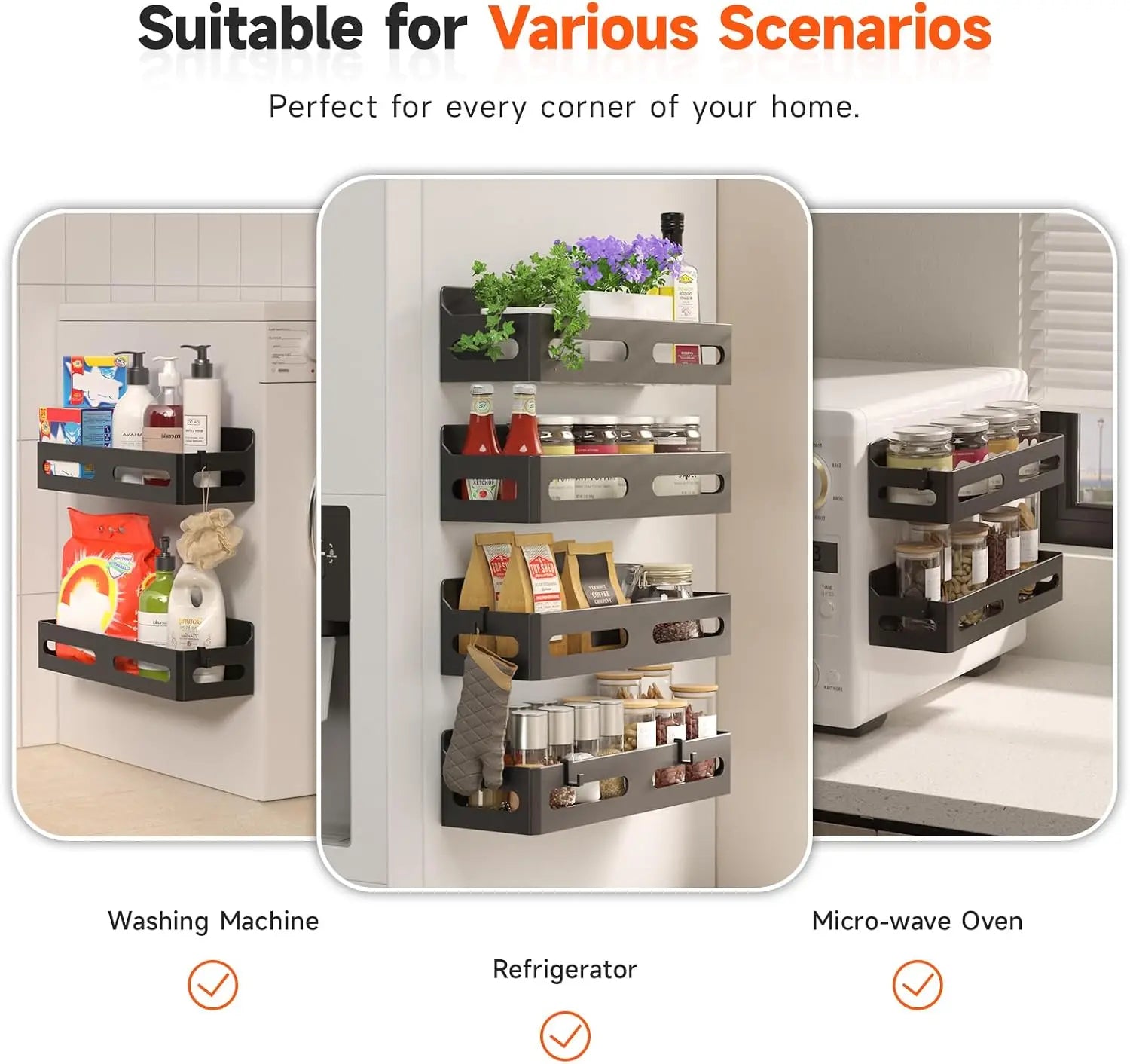 Seven Blue 4-Piece Magnetic Spice Refrigerator Rack with Hooks, Black  Rugged multi-purpose magnetic rack for kitchen and bathroom organization. Includes 4 removable hooks for hanging items.