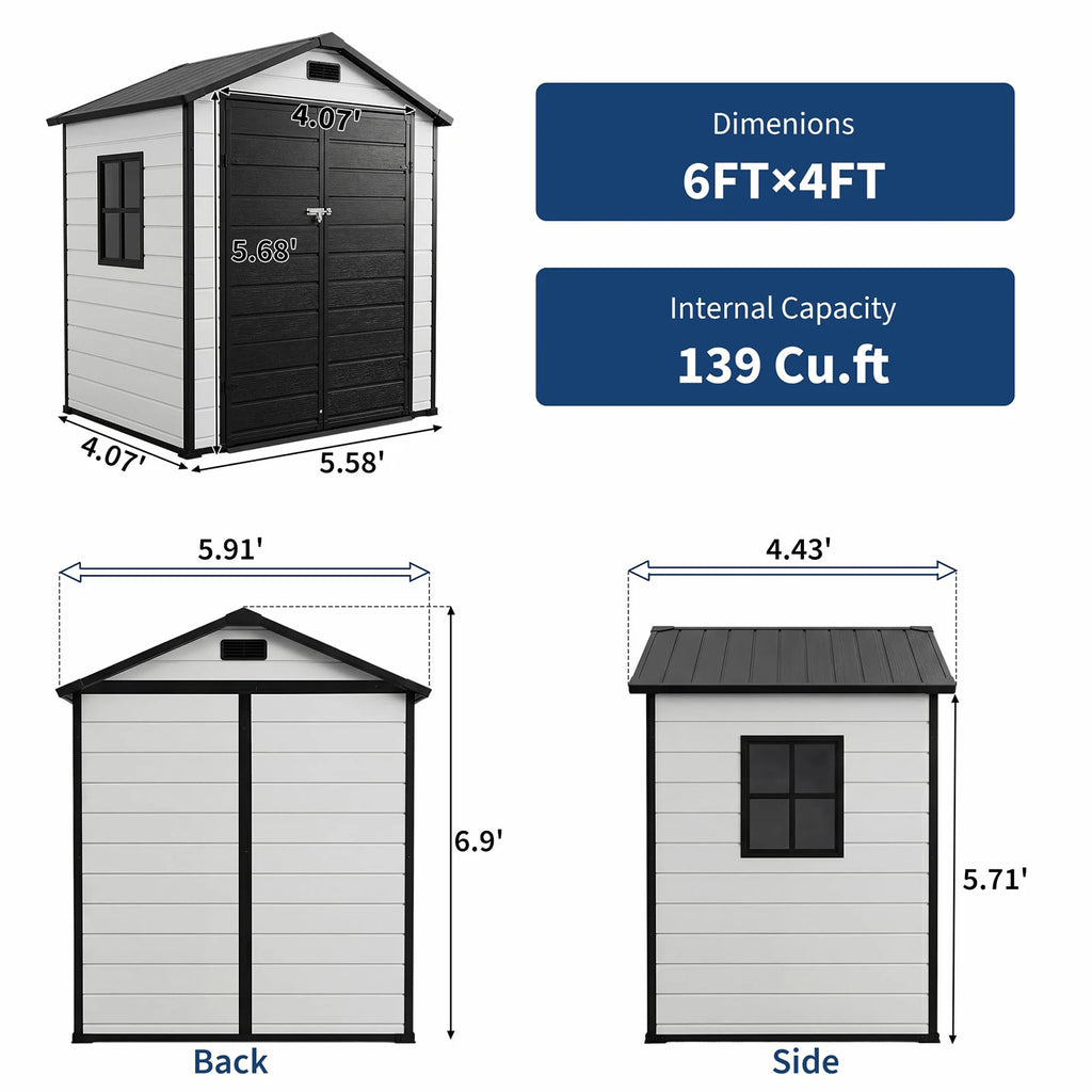 6x4 FT Resin Outdoor Storage Shed, Double Wall Waterproof Lockable Garden Tool Shed With Window, Double Doors For Bike Lawn Mower Patio