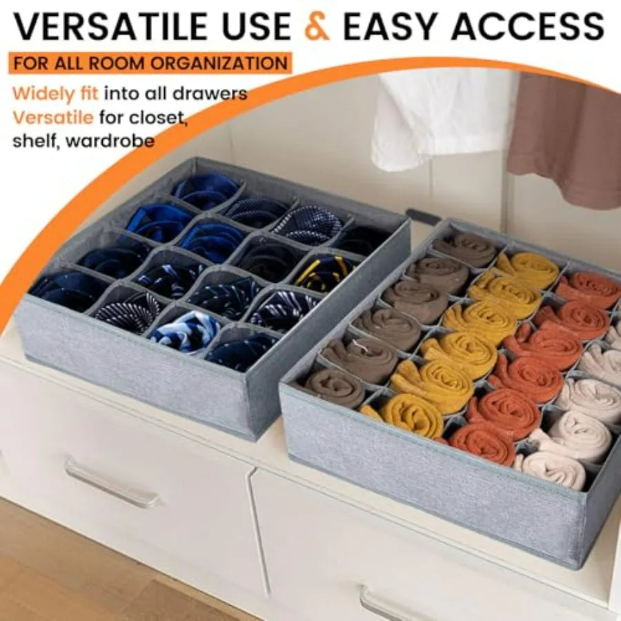 3 Pack Sock Underwear Drawer Organizer Dividers, 64 Cell Fabric Foldable Dresser Organizer for Closet Organizers and Storage Bo