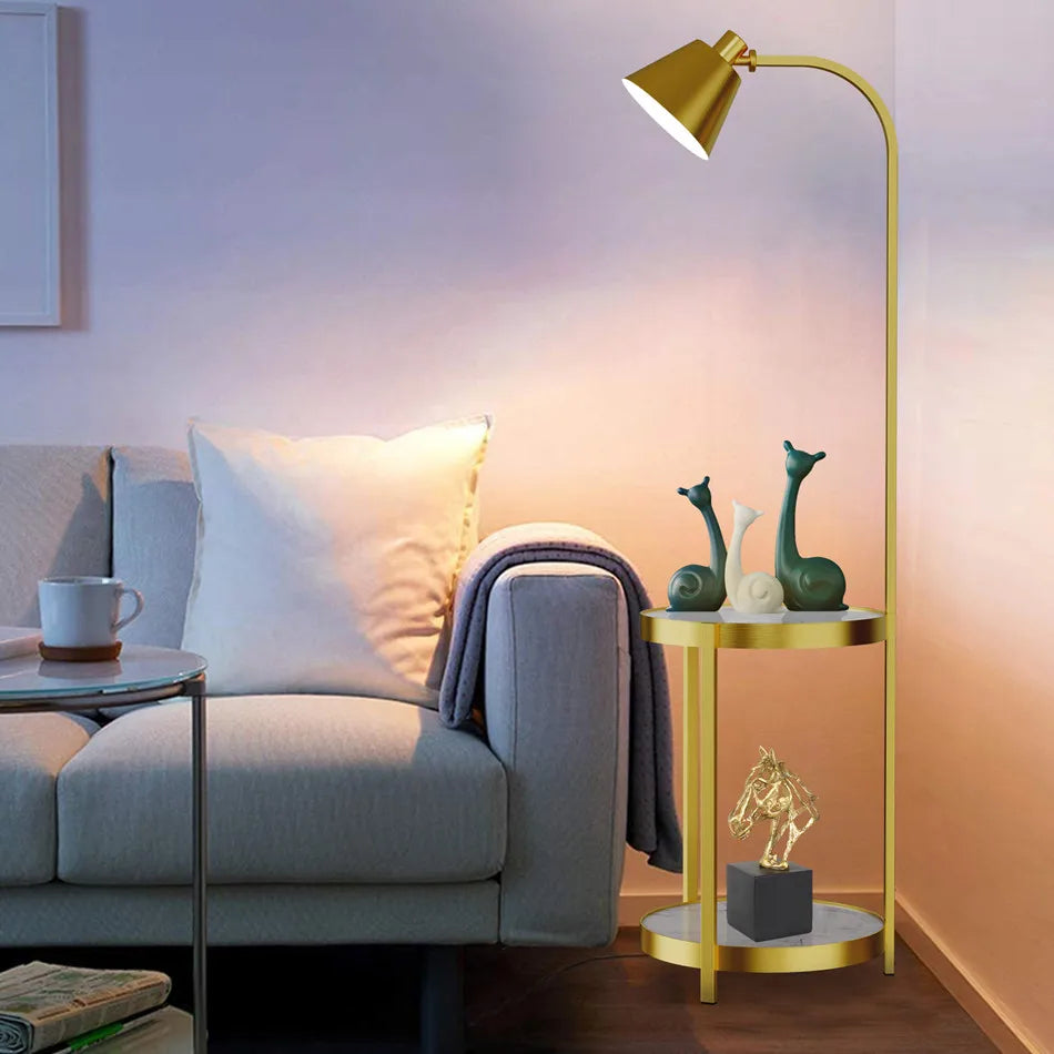Modern Gold 2-Tier Tall Standing Floor Lamp with Storage Table Reading Light for Bedroom Office Living Room Reading Light