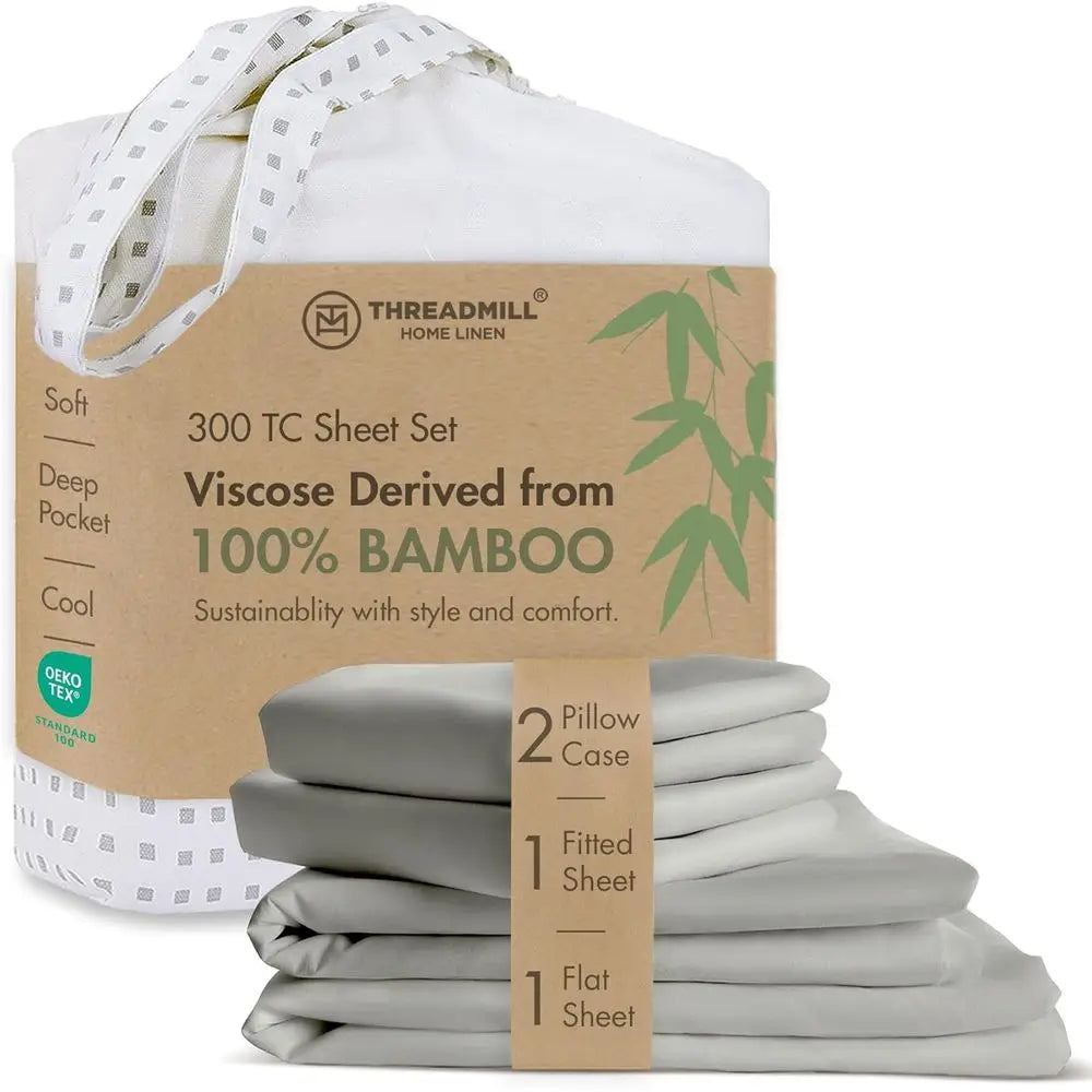 Queen Size Bamboo Sheet Set - 4-Piece Viscose, Light Grey, Silky Soft, Cool & Breathable, 16 Deep Pocket, Moisture Wicking & Cool