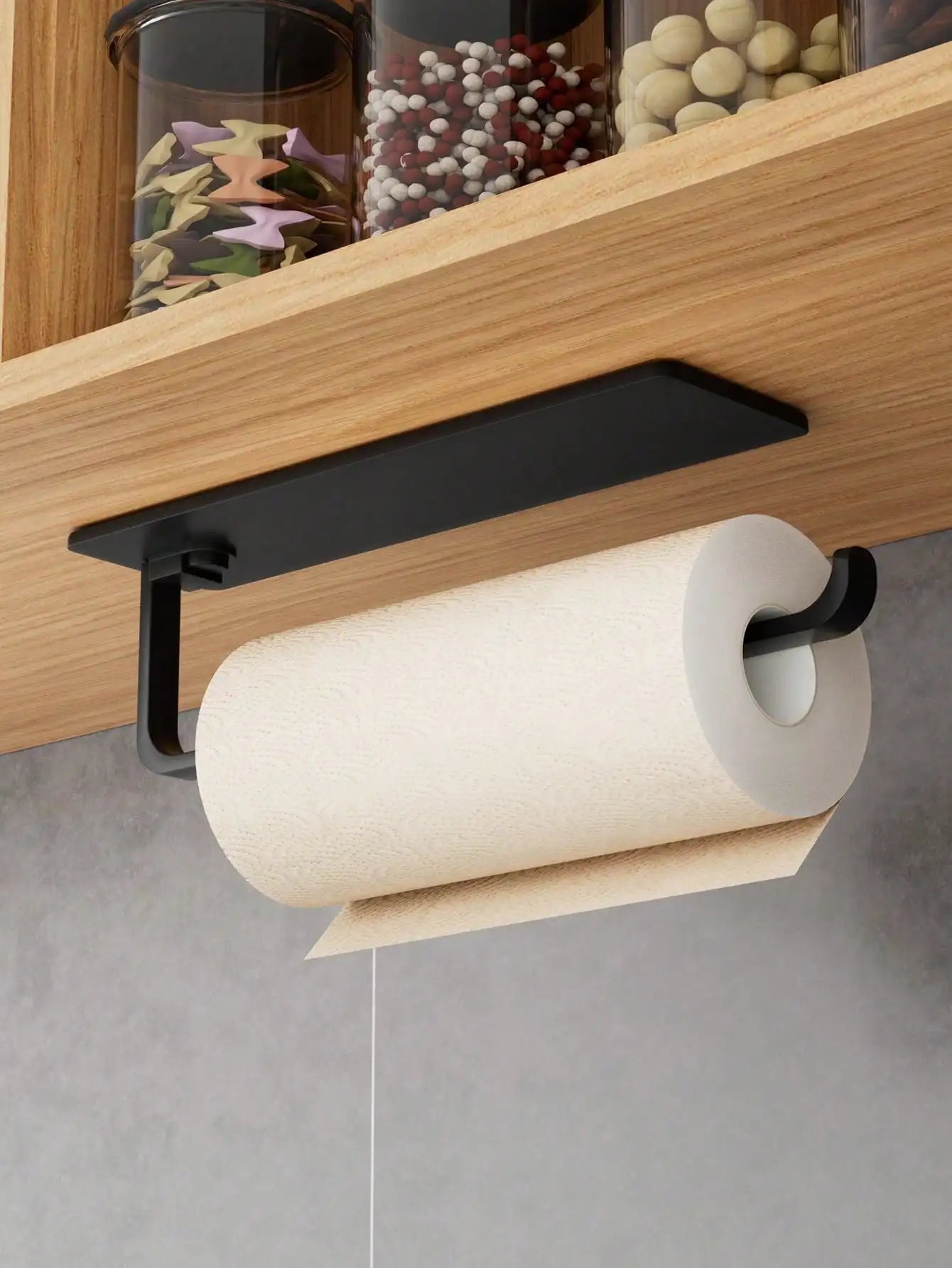 1pc Kitchen Paper Towel Holder, Wall-Mounted Or Self-Adhesive Installation under shelf, With Cling Film Dispenser & Storage Rack, Space-Saving, Stylish Paper Towel Rack, Durable Bracket, Suitable For RV Kitchen And Bathroom