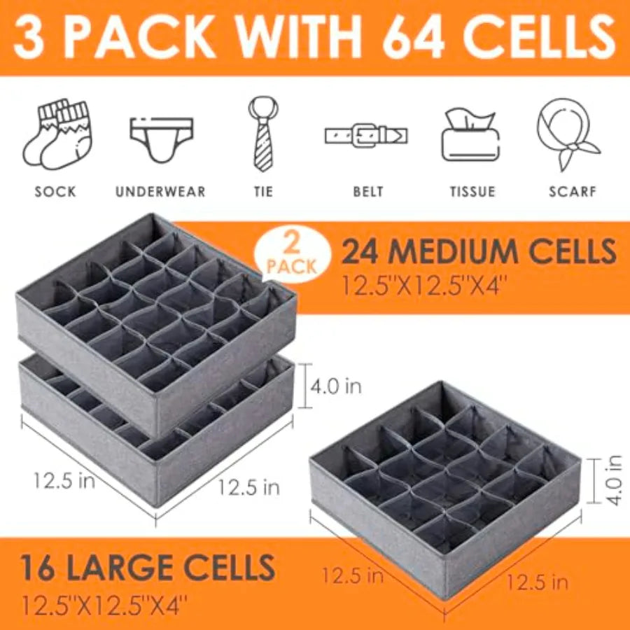 3 Pack Sock Underwear Drawer Organizer Dividers, 64 Cell Fabric Foldable Dresser Organizer for Closet Organizers and Storage Bo