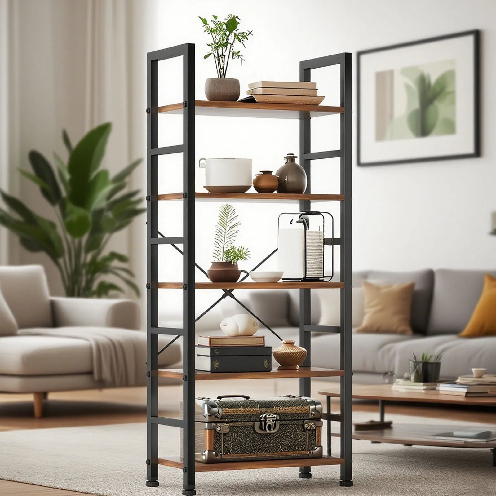Bookshelf, 5 Tier Bookshelves, Home Office Bookcase Shelf Storage Organizer, Free Standing Storage Shelving Unit for Bedroom, Living Room and Home Office, Vintage