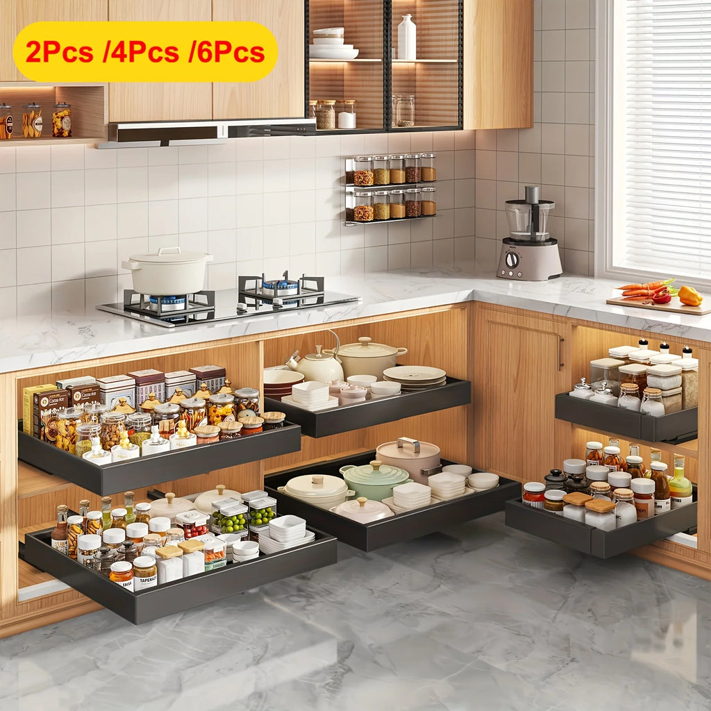 2/4/6pcs Expandable Pull Out Drawers for Kitchen Cabinets Sliding Storage Shelves, Heavy Duty Carbon Steel Pantry Organizer, No Drill Under Sink Roll Out Basket, Easy Access Cabinet Shelf for Bathroom & Laundry