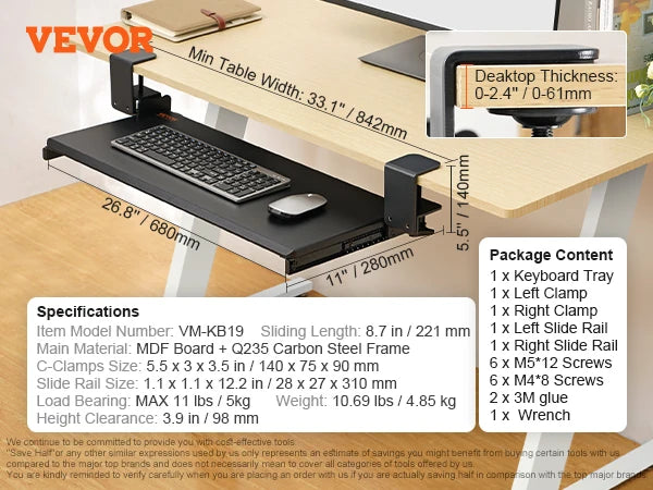 SucceBuy 26.8in Under Desk Keyboard Tray Slide in/out Ergonomic Universal Keyboard Tray No-Drilling C-Clamps Easy to Install