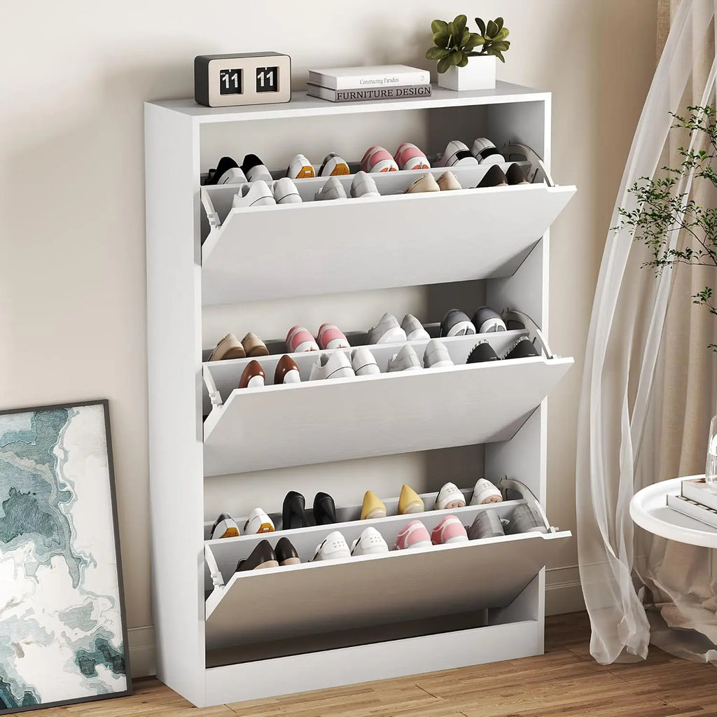 Slim Shoe Cabinet with 3 Flip Drawers, Adjustable Shelves, Freestanding Organizer for Entryway Hallway Closet Storage