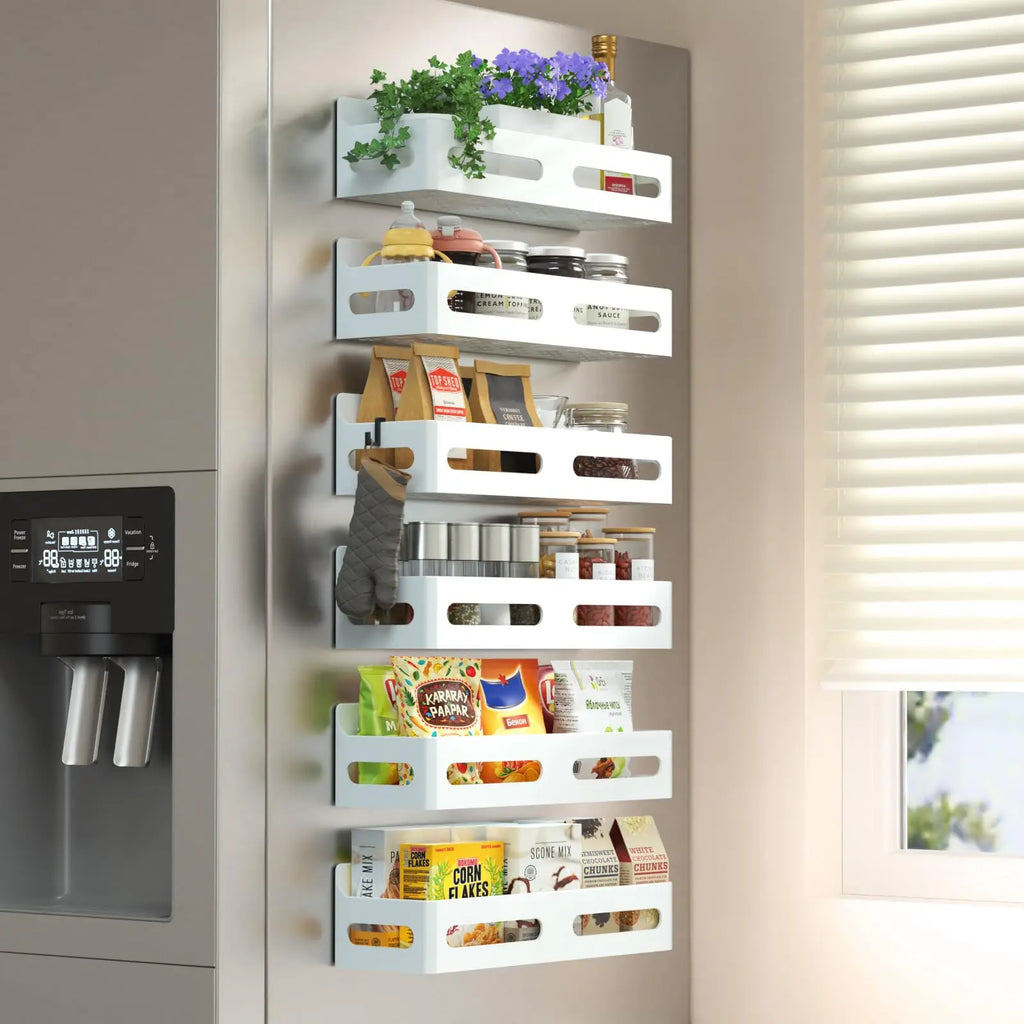 Seven Blue 4-Piece Magnetic Spice Refrigerator Rack with Hooks, Black  Rugged multi-purpose magnetic rack for kitchen and bathroom organization. Includes 4 removable hooks for hanging items.