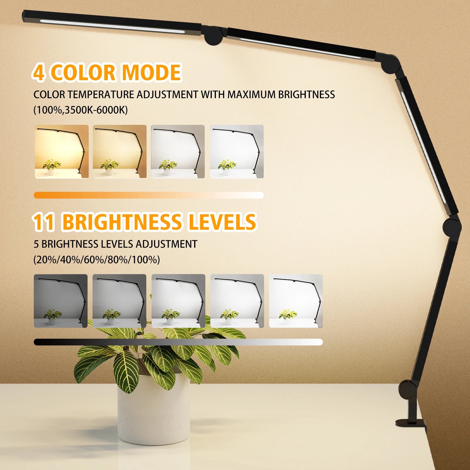 Ultra Bright LED Clamp Desk Lamp Eye Protection Architect Table Lamp Adjustable Swing Arm Dimmable Color Temperature Reading Light USB Powered Study Lamp for Home Office Workbench Makeup Live Streaming Decor