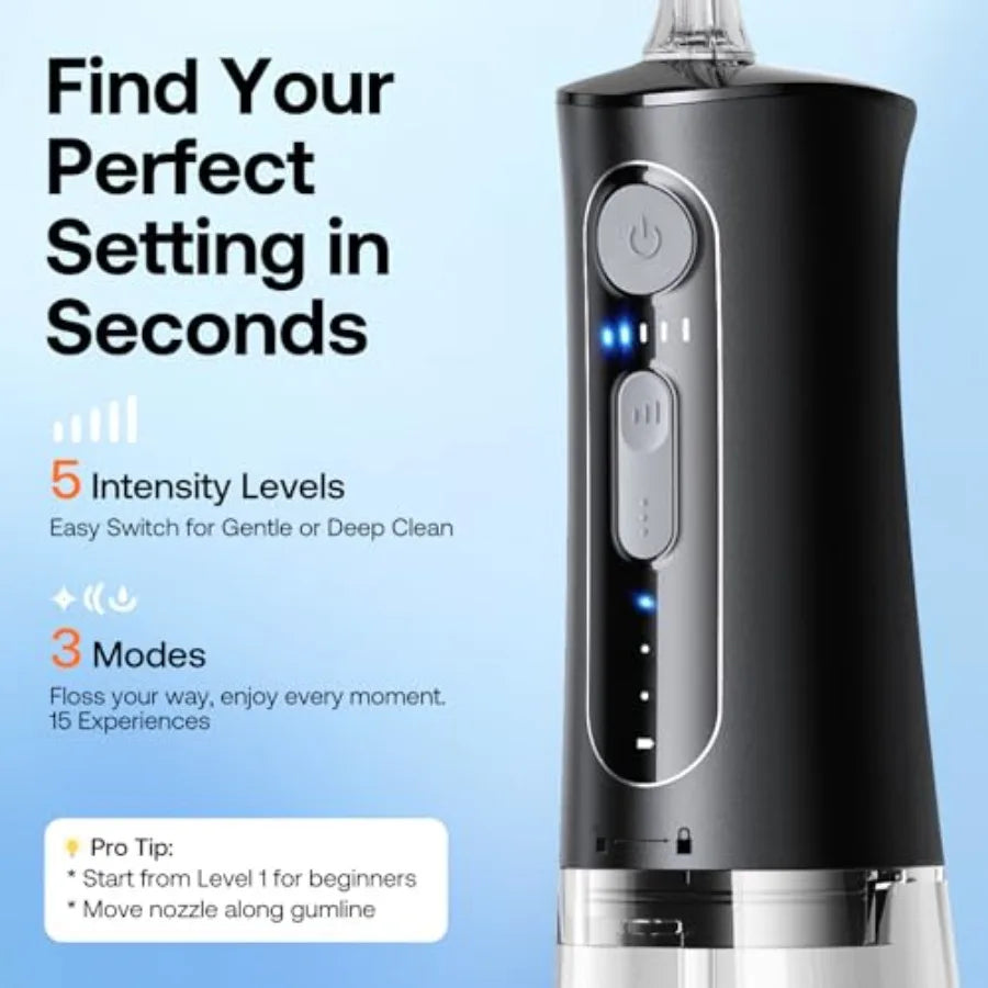 Water Dental Flosser for Teeth, Cordless Water Teeth Cleaner Picks, 3 Modes 5 Intensities, IPX7 Waterproof, Rechargeable Water