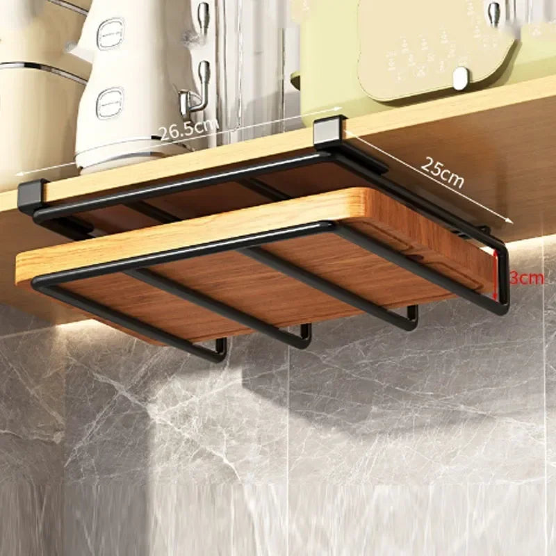 Kitchen Hanging Organizer Rack with Hooks Under Cupboard Paper Towel Rags Hanger Cutting Board Pot Cover Holder Storage Shelf