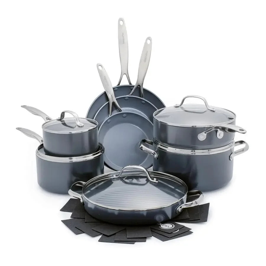 Valencia Pro Ceramic Nonstick 16 Piece Cookware Set, Hard Anodized PFASFree Pots amp Pans, Induction Ready, Compatible on All C
