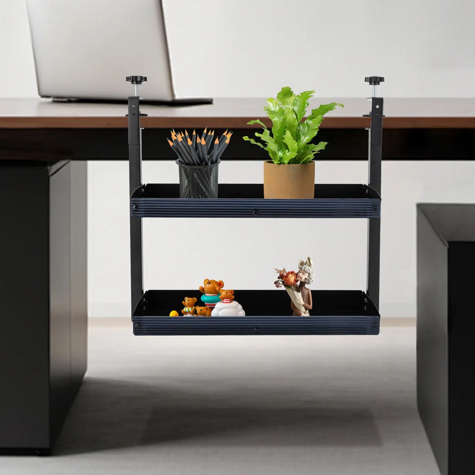 Desktop or Under-Desk Shelf Clamp-on 2-Tier Shelving W/ Adjustable Storage Tray