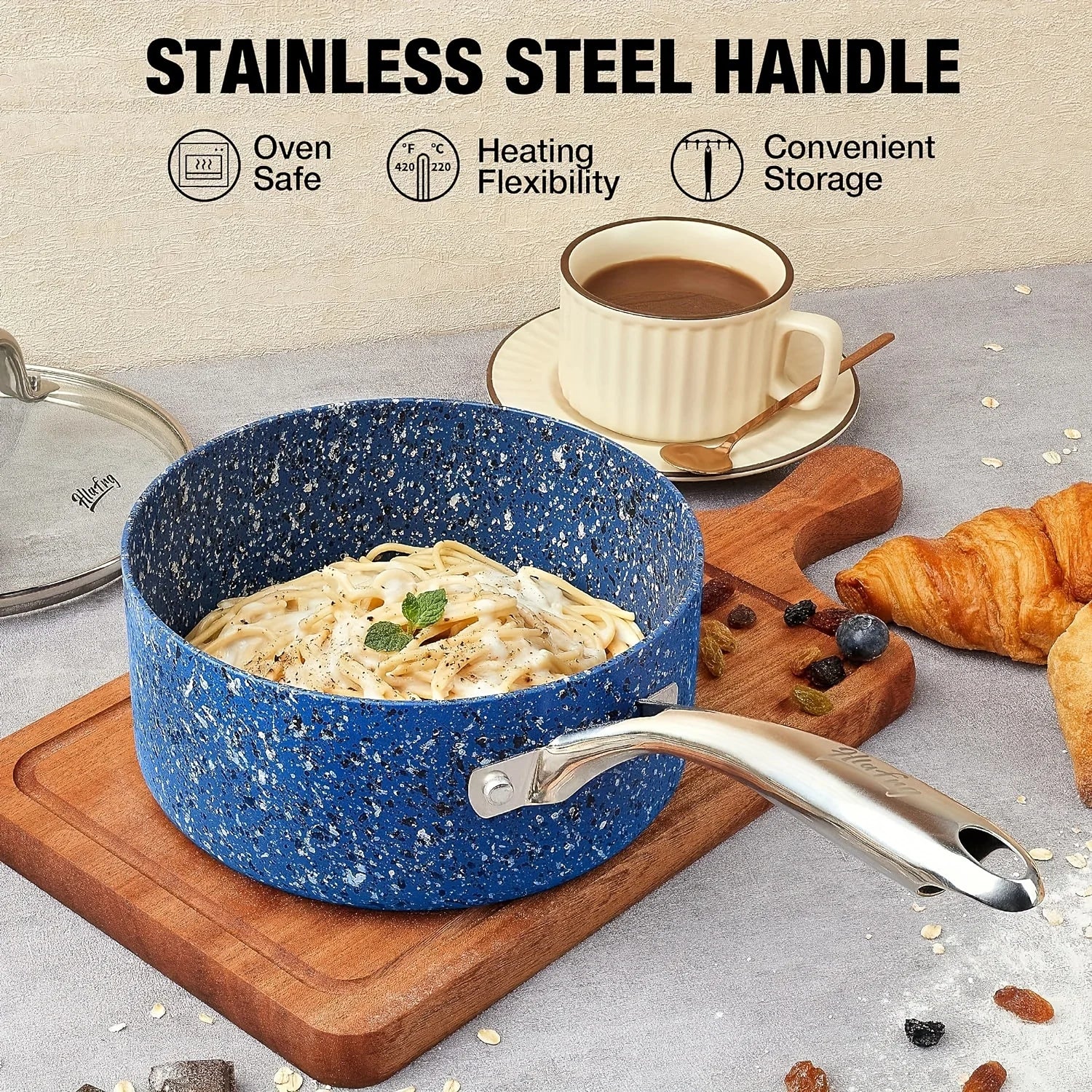 HLAFRG Sauce Pan Set with Lid, Nonstick 2Qt & 3Qt Pot Set with Lid, Small Pot with Stainless Steel Handle, Blue Pot Set