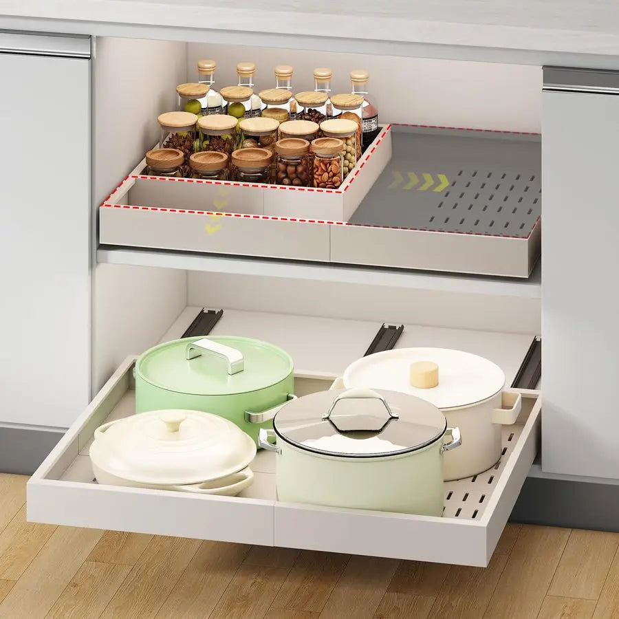 slide out Cabinet Organizer,Width 1421 and Depth 1724 Expandable With 3 Rails,No Drill Adjustable Slide out Drawers for Kitchen,Pantry