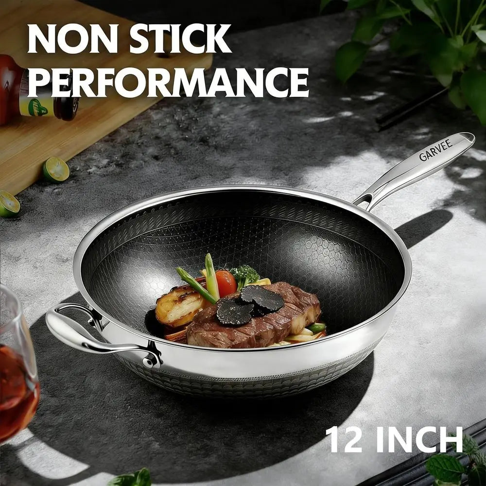 12 Inch Stainless Steel Wok Pan,4L Hybrid Woks StirFry Pans Nonstick with Snowclad Technology,Induction Cooking Pan with Lid,PF