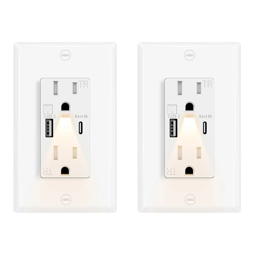 LED Night Light Outlet with 24W USB C+A Fast Charging, 4.8A, On/Off Switch
