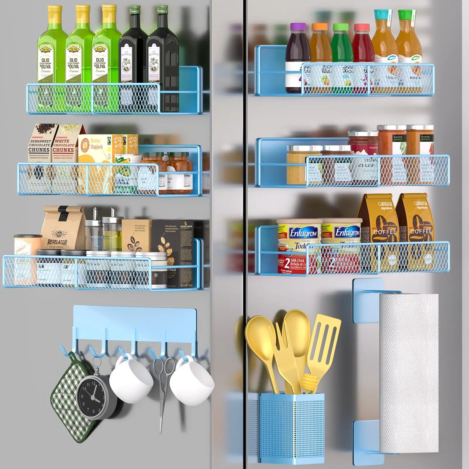 Refrigerator Magnetic Spice Rack, 6-piece 100% Metal Strong Magnetic Shelf Black, Space-Saving Spice Storage, Home Kitchen Laundry Storage Organization W/Tissue Rack, Cutlery Rack