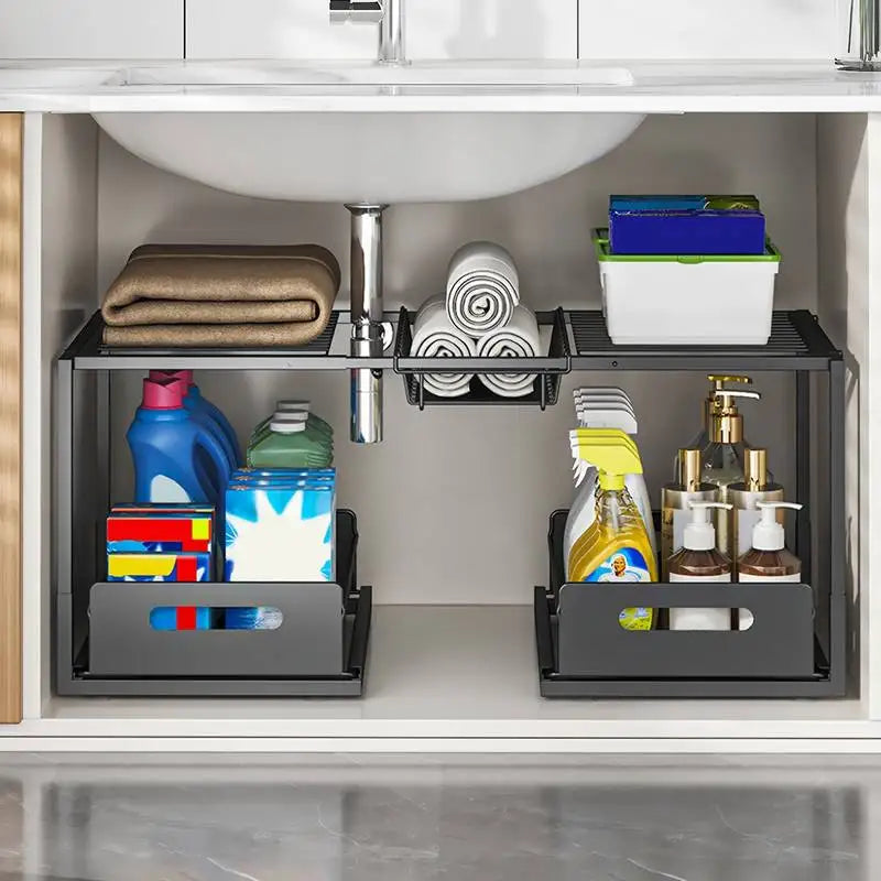 Under Sink Sliding Storage Organizer with 2 Drawers, Adjustable Multi-Level Shelf for Cabinet, Kitchen, Bathroom