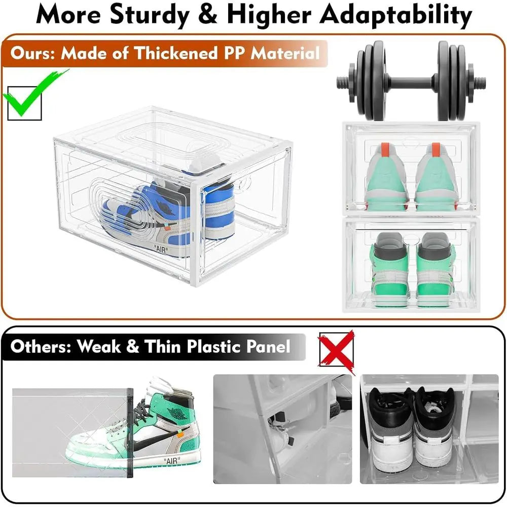 Stackable Shoe Storage Box with Magnetic Door, Thickened Design for Sneaker Display and Hat Organizer, White