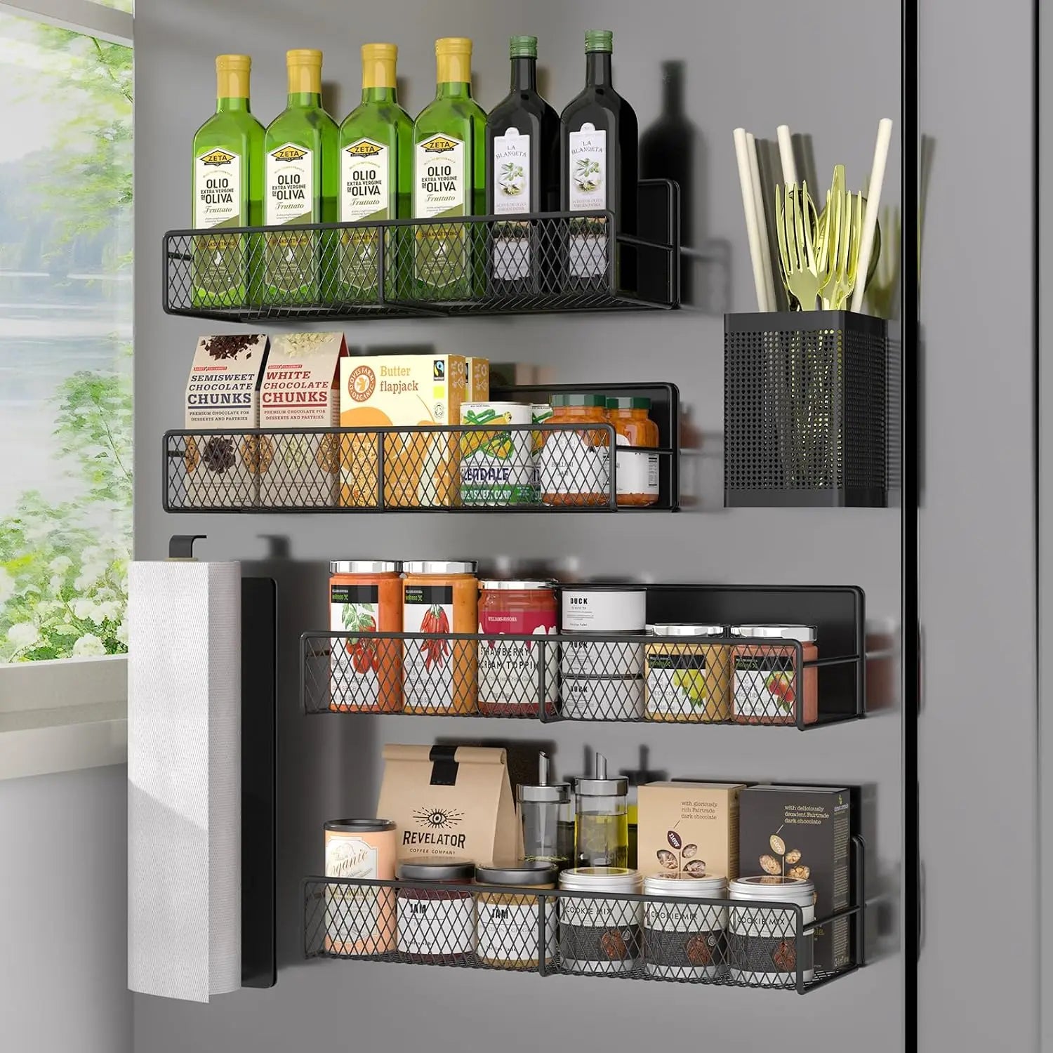 Refrigerator Magnetic Spice Rack, 6-piece 100% Metal Strong Magnetic Shelf Black, Space-Saving Spice Storage, Home Kitchen Laundry Storage Organization W/Tissue Rack, Cutlery Rack