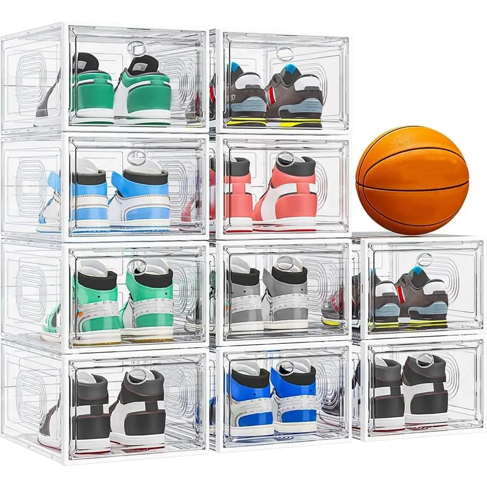 Stackable Shoe Storage Box with Magnetic Door, Thickened Design for Sneaker Display and Hat Organizer, White