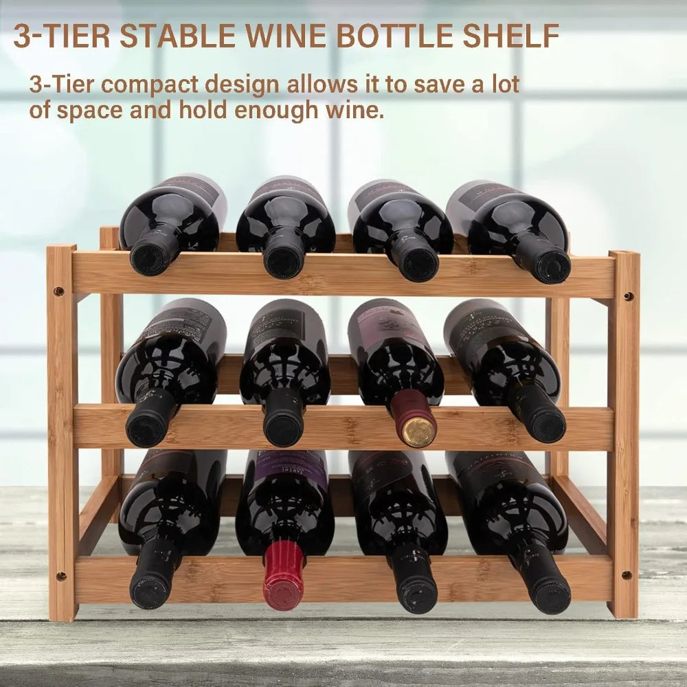 3-Tier Bamboo Wine Rack Holds 12 Bottles, Sturdy Countertop Storage for Kitchen Bar Dining Room, Easy Assembly