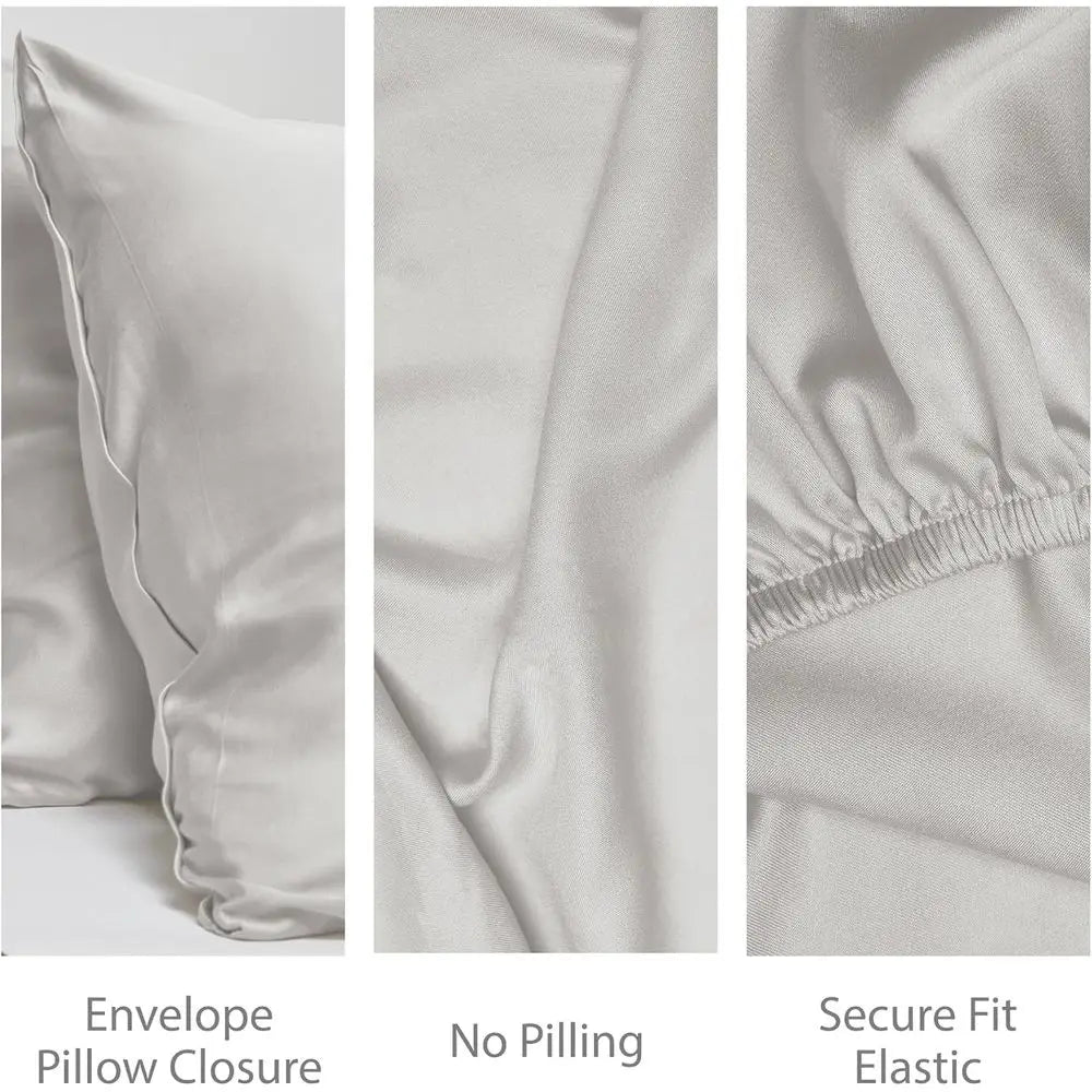 Queen Size Bamboo Sheet Set - 4-Piece Viscose, Light Grey, Silky Soft, Cool & Breathable, 16 Deep Pocket, Moisture Wicking & Cool