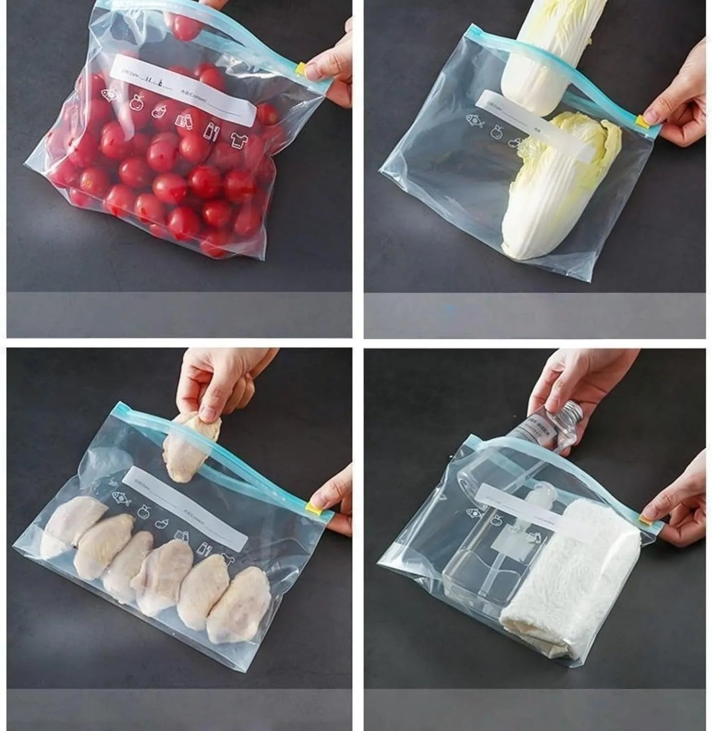 60 Pcs Leak-proof Reusable Safety Ziplock Bags, 3 Sizes for Food Storage and Multiple Scenarios，Leakproof Material for Kitchen Organization，Transparent Fresh-Keeping Sealable Bags, Reusable, with a Stand-Up Zipper Design
