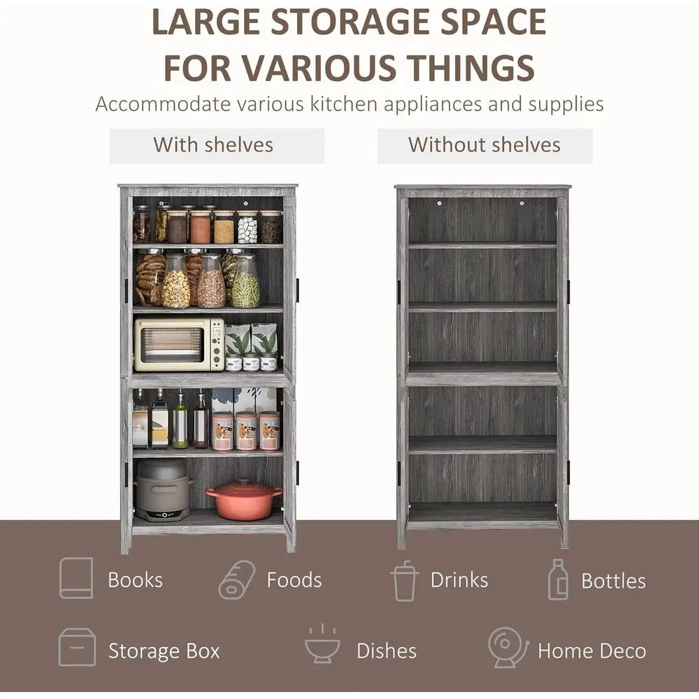 64" Kitchen Pantry Cabinet, freestanding Storage Cabinet with 4 Doors and 3 Adjustable Shelves or Dining Room, Gray Oak