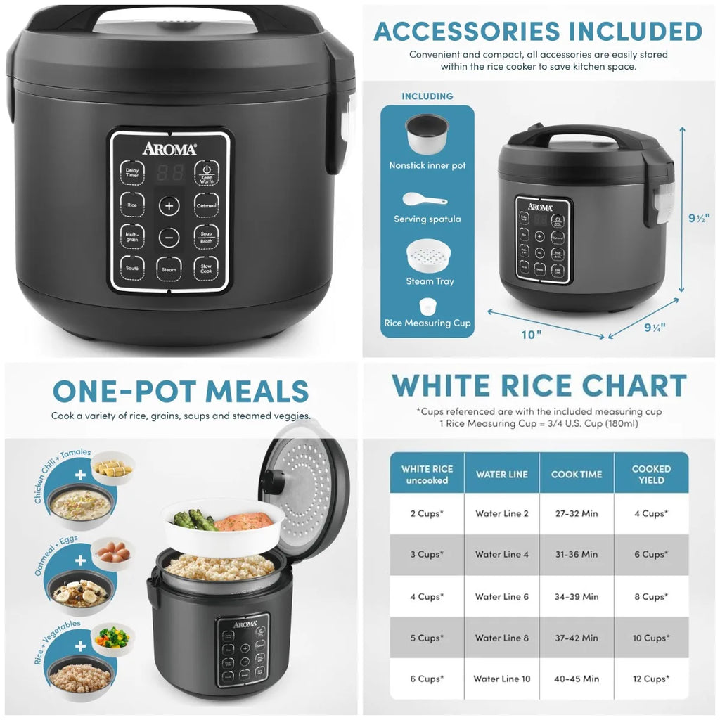 Digital Rice Cooker, Multi cooker, 6-Cup (Uncooked) / 12-Cup (Cooked), Steamer, Slow Cooker, Oatmeal