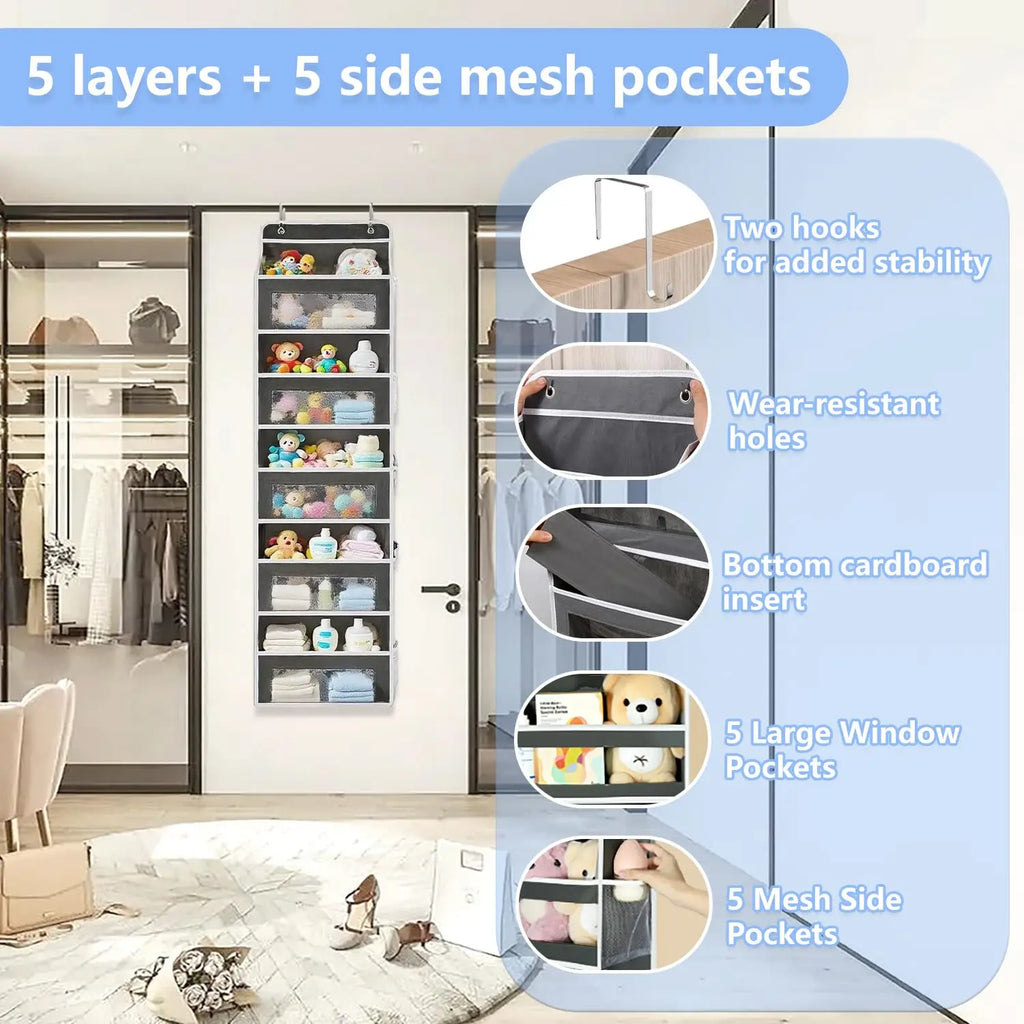 Over Door Organizer, 5-Shelf Hanging Storage w/ 5 Large Pockets, Anti-Tilt 44lb Load for Bedroom, Bathroom, Pantry, Nursery, Bla