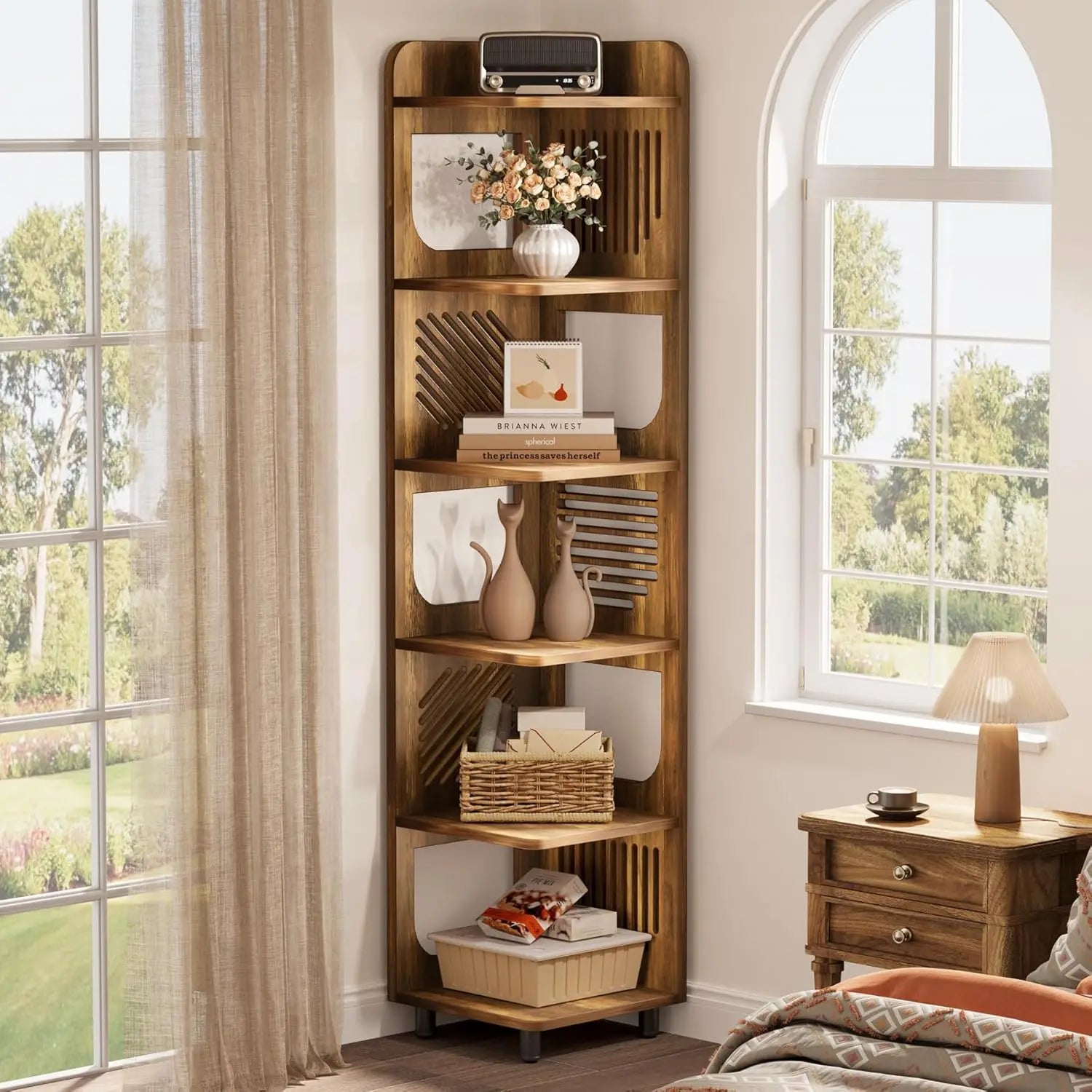 Corner Shelf,Narrow Corner Bookshelf,Freestanding Corner Display Storage Shelf Organizer for Living Room, Kitchen, Office