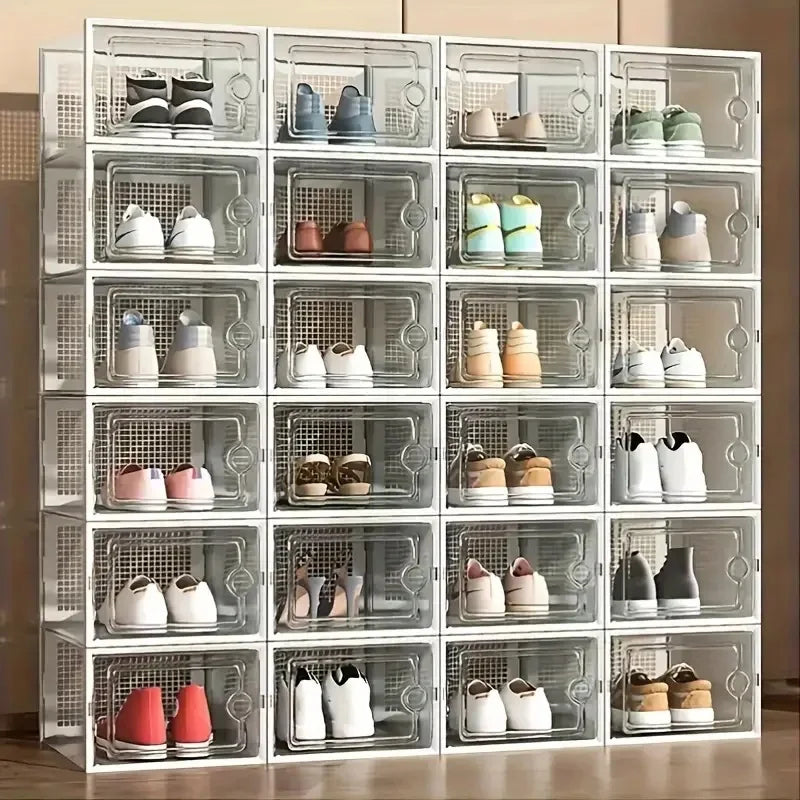 24pcs Large Stackable Plastic Shoe Storage Boxes Dustproof Transparent Display Cabinet for Men/Women Sports Shoes Boots Hat Organizer