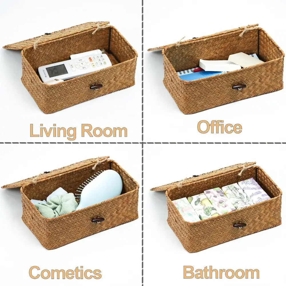 Set of 2 Wicker Baskets with Lid, Seagrass Storage Baskets, Decorative and Organizing Home