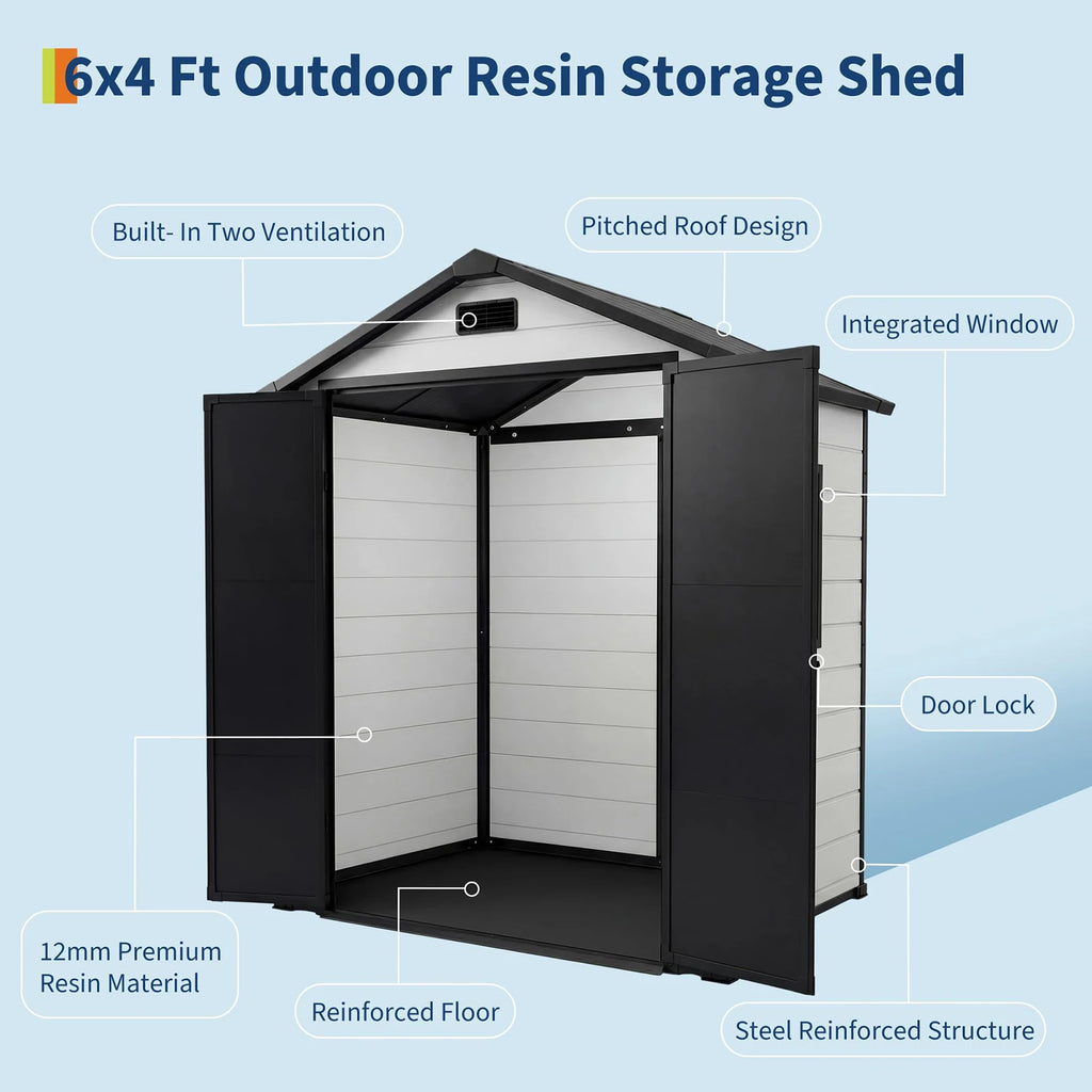 6x4 FT Resin Outdoor Storage Shed, Double Wall Waterproof Lockable Garden Tool Shed With Window, Double Doors For Bike Lawn Mower Patio