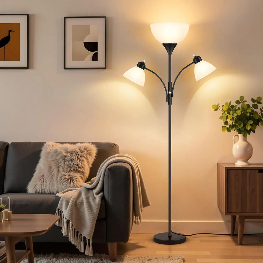 72-Inch Dimmable Floor Lamp with 2 Reading Lights, Black Standing Lamp for Living Room and Bedroom, Includes 3 Bulbs