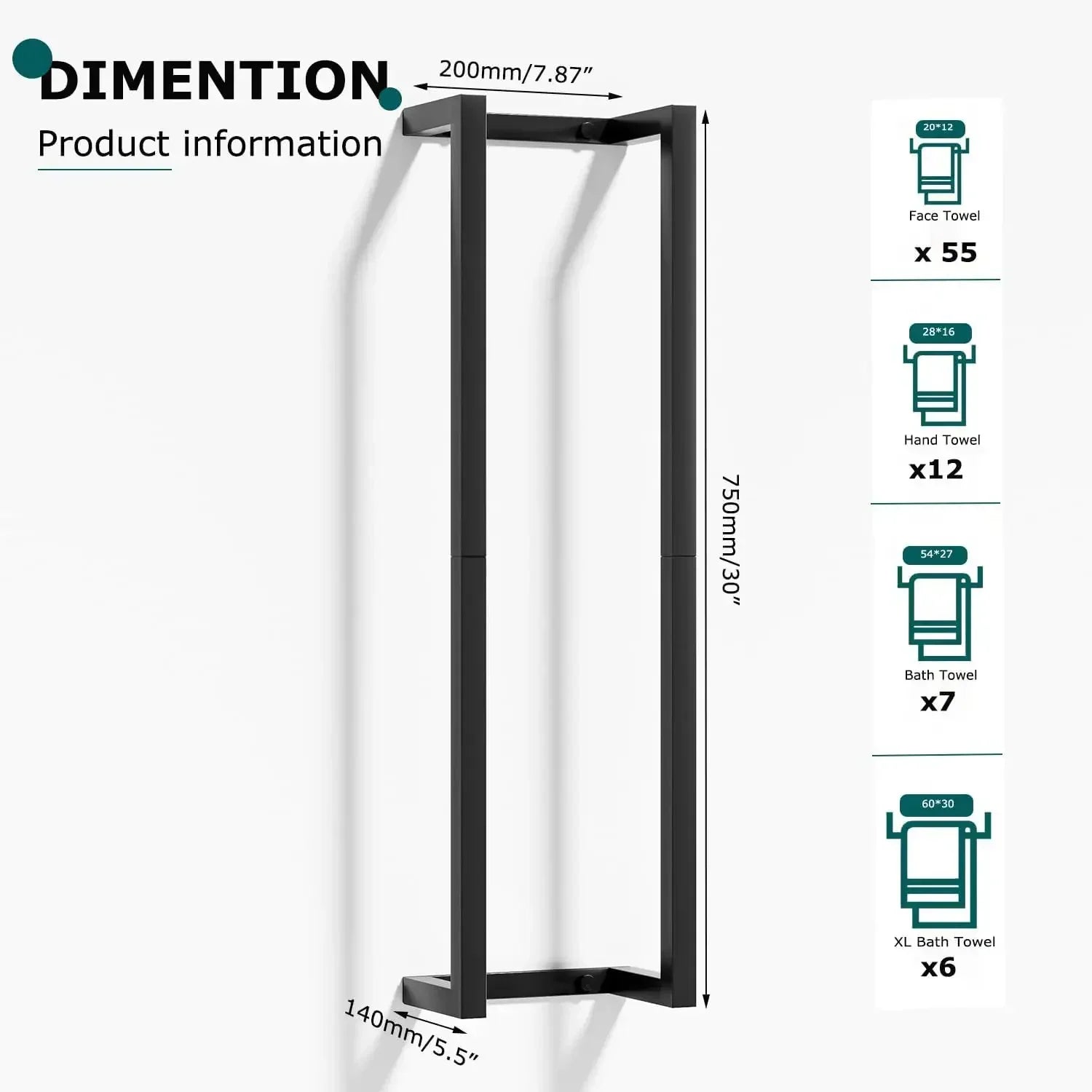 Bathroom towel rack 304 stainless steel towel storage rack, used to roll bath towels, can accommodate 6-8 large towels, wall-mounted 30-inch towel storage rack, used for small space black towel rack
